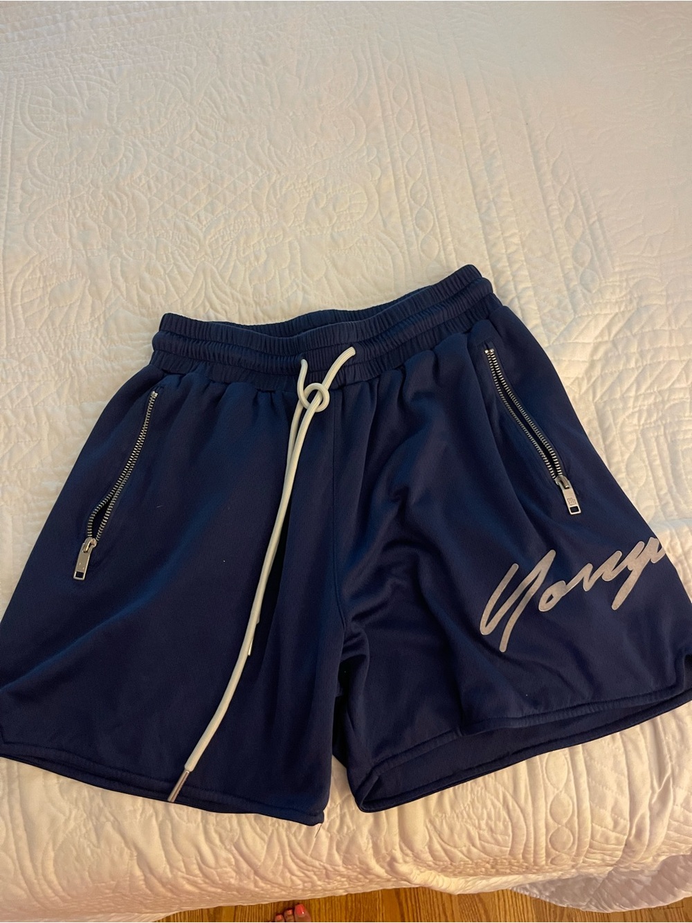 YoungLA Navy Athletic Drawstring Shorts with Script Logo